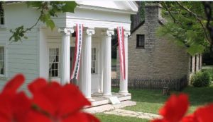 historic building with columns in Carillon Historical Park in Dayton, Ohio